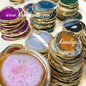 Wholesale Blue <b>Agate</b> Gemstone <b>Coasters</b> Golden Trim Quartz Cup <b>Coaster</b> Gold Edge Handmade American Style Wedding Gift Home Office - Product Image 5