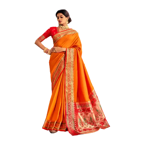 Saree di pura seta indiana per abbigliamento pakistano con puro lavoro di tessitura Zari/morbida seta semplice Banarasi con concetto Paithani