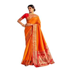 Indian Pakistani Clothing Pure Silk Saree With Pure Zari Weaving Work / Soft Banarasi Plain Silk with Paithani Concept