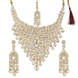 Set Perhiasan Mutiara Antik Pengantin India Pernikahan, Anting Kalung Choker CZ Putih Kristal