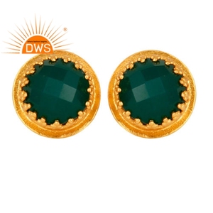 Green Onyx Gemstone Ring Jewelry Supplier Yellow Gold Plated Crown Design <b>Stud</b> <b>Earring</b> Jewelry Manufacturer - Product Image 1