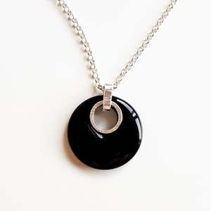 92.5 Sterling <b>Silver</b> Natural Black Onyx Donut <b>Necklace</b> for Women 18'' <b>Long</b> Link <b>Chain</b> for Engagement Astrology Jewelry Gift - Product Image 1