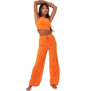 Conjunto de 2 piezas de sujetador y Pantalones anchos para mujer, conjunto a juego de moda de verano 2022, Top corto liso en blanco, trajes de diseñador de dos piezas - Product Image 1