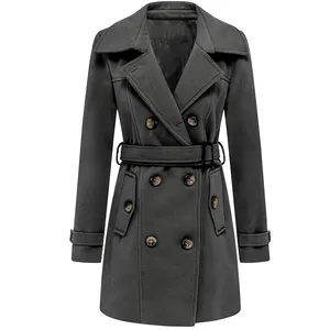 Cappotto in lana con risvolto dentellato da donna OEM cappotto lungo Trench doppiopetto cappotto invernale con cintura staccabile