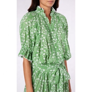 2021 Cảm Giác Nữ Tính Pintuck Chi Tiết Snug Hips Cotton Phụ Nữ Blouson Váy Màu Xanh Lá Cây Nhỏ Hoa Boho Chic Zig Zag Hem Cổ Điển Áo Dài - Product Image 4