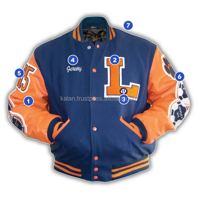 Orange Leather Sleeves and Navy Wool KVJ103 Varsity Jackets with Custom Chenille Embroidery