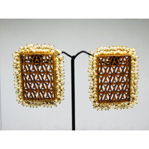 fashion jewellery trending handmade golden matte finishing square wooden hoop stud earing for girls and women - Product Image 3