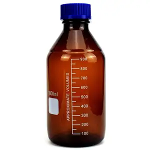 强且耐化学腐蚀的Boro 3.3玻璃透明琥珀色窄口试剂瓶，带聚丙烯蓝色螺旋盖