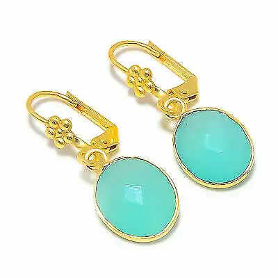 Peru Chalcedony Gold Lever Back Earrings 9X11MM Oval Shape Handmade Indian Earrings Blue Gemstone Dangle Drop Earrings