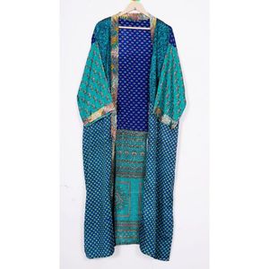 Kimono largo de seda con estampado Floral Vintage indio hecho a mano, elegante bata con cintura elástica, bata de dormir, ropa de playa para primavera - Product Image 5