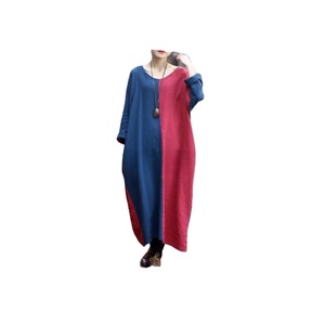 Best Seller sciolto lungo <span class=keywords><strong>maxi</strong></span> specificamente realizzato doppio patchwork in cotone di lino miglior prezzo girocollo vintage boho maniche lunghe - Product Image 1