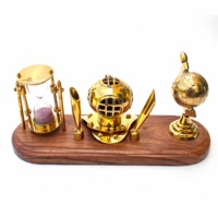 Sablier en laiton de haute qualité, thème marin, avec casque de plongée et support de bureau en bois pour globe et stylo, décoration de bureau