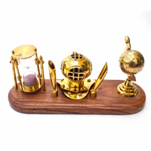 Sablier en laiton marin nautique de haute qualité avec casque de plongée et Base en bois Globe porte-stylo décor de bureau - Product Image 2