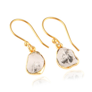 Boucles d'oreilles pendantes en diamant naturel, mode classique, diamant brut Herkimer, plaqué or, cadre chic, réglage de la lunette, pierre de naissance, crochet, cadeau - Product Image 4