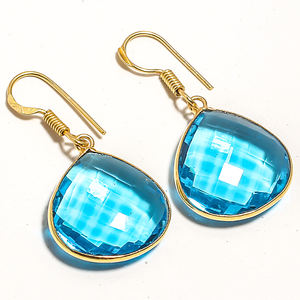 Blue Topaz <b>Fine</b> <b>Dangle</b> <b>Earrings</b> Checker Cut Gemstone Gold Plated Teardrop Design Women's Natural Topaz Jewelry - Product Image 2