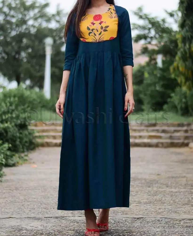 OEM Wholesale Indian Kurti 3/4 Sleeves Beautiful Printed Yoke Perfect Wear For This Festive Season Maxi Dress