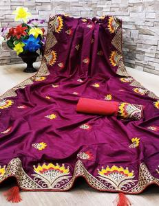 Sari en soie Vichitra avec broderie lourde et pièce de blouse, vêtements indiens pour femmes, sari à bas prix, vente en gros, vêtements de Surat - Product Image 4