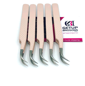 Wholesale Best Quality Curved Peach <b>Powder</b> Coating Diamond Grip Silver Tip Eyelash Tweezers Stainless Steel Beauty Tool - Product Image 2