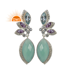 Boucles d'oreilles uniques en chalcédoine aqua marquise, pierres précieuses, fabrication artisanale indienne, argent sterling fin, boucles d'oreilles pendantes, fournisseur de bijoux - Product Image 1