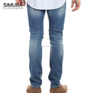 SIMURA Men's Slim Fit Dark Blue Cotton <b>Jeans</b> Mid <b>Waist</b> Casual Straight Leg Washed Denim Pants - Product Image 4