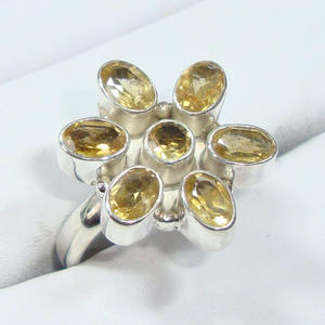 Citrine jaune en argent sterling design floral sept pierres faites à la main fine bague indienne éternité vermeil femmes bague designs à la mode - Product Image 1