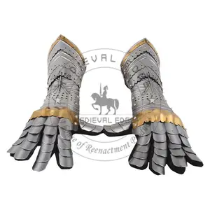 Armor Pair Brass Accents Gauntlet Gloves Medieval Knight Crusader Steel Gauntlet