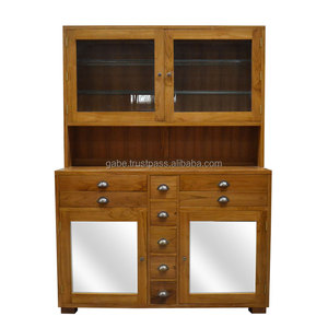 ไม้สักแข็งและประตูกระจกรวมกันสำหรับสีธรรมชาติตู้ครัวเฟอร์นิเจอร์ห้องครัว - Product Image 4