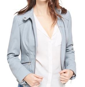 Center Zip Quilt Shoulder Leather <b>Jacket</b> Stylish Women's Biker Outerwear Soft Genuine Lambskin Comfortable and Trendy Wear - Product Image 2