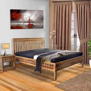 Lit plateforme moderne king-size en bois de teck massif couleur naturelle mobilier de maison de style pique-nique - Product Image 1