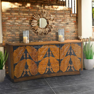 Meuble de salon en teck de couleur naturelle de style antique, buffet sculpté en feuilles pour un usage domestique - Product Image 2