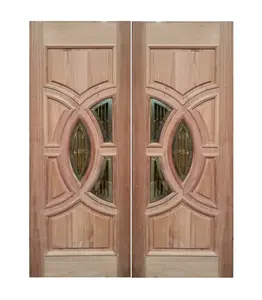 Puerta de madera sólida de doble hoja para entrada principal, diseño de grupo malayo, con vidrio listo, stock local, alta calidad