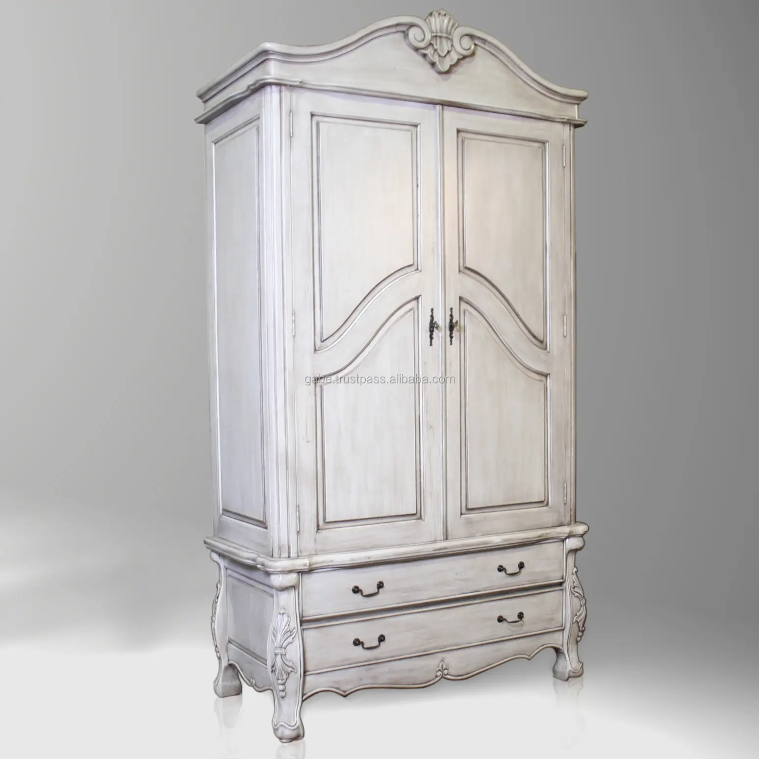 خزانة ملابس كلاسيكية بتصميم فرنسي مكتملة بلون أبيض من خشب الماهوجني المتين