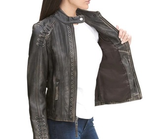 Veste de motard pour femmes à l'allure sportive bon marché en gros en cuir véritable beige foncé veste de conception personnalisée nouvelles arrivées - Product Image 5