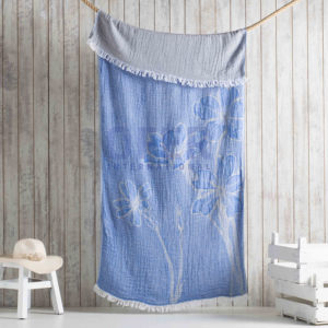 Flora - Blue <b>Turkish</b> <b>Towel</b> Throw 100% Cotton - Picnic <b>Beach</b> Blanket, Bed Cover, Multiple Use . - Product Image 1