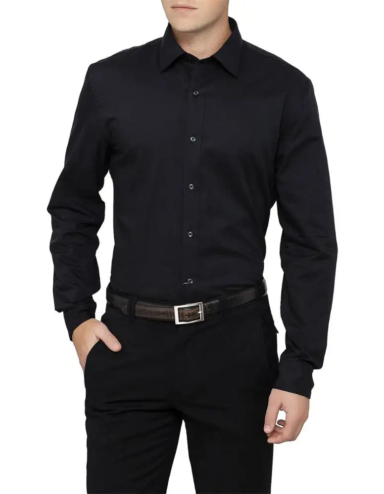 फैशन स्लिम फिट लंबी आस्तीन क्लासिक सादे काले शर्ट के लिए पुरुषों बारी-डाउन कॉलर के साथ