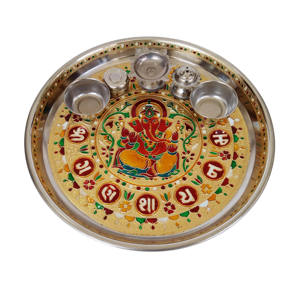 GANESHA DESIGNED STAINLESS STEEL MEENAKARI DECORATIVE PLATE/ PUJA THALI-SILVER MEENA WITH 5 TUMBLERS (11" X 11" X 0.75" INCHES) - Product Image 1