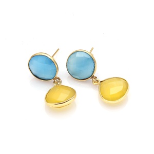 Handmade Yellow & Blue Chalcedony Gemstone <b>Gold</b> Plated Bezel Setting Drop & Dangle Women Stud <b>Earring</b> Jewelry - Product Image 1