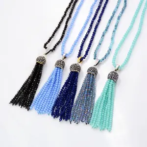 quartz beads tassel necklace 28" crystal chain long necklace pave rhinestone