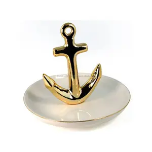 Metal Ring Holder With Gold Plating & White Enamel Finishing Anchor Shape Round Base Good Quality For Organization