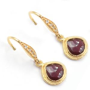 Garnet 26 to 27 MM With Zircon Ear <b>Wire</b> Heart Shape <b>Silver</b> Bezel Gold Plated Earring - Product Image 1
