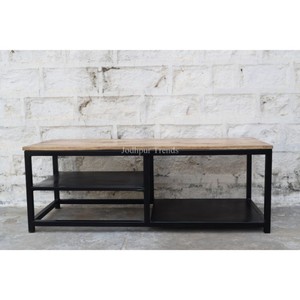 Mueble de TV Industrial y vintage, mango desgastado, madera y gris, hierro negro, metal, 3 cajones, entretenimiento - Product Image 1