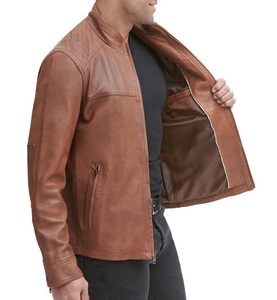 Chaqueta de cuero con cremallera central de cuero de punto de hombro, chaqueta de motocicleta de estilo motorista, chaqueta clásica de moda de cuero Real - Product Image 4