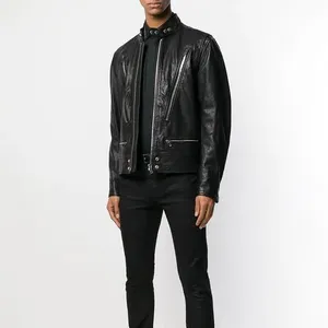Vêtements décontractés de qualité supérieure veste en cuir noir nouveau look chic hommes vente en gros de veste en cuir véritable