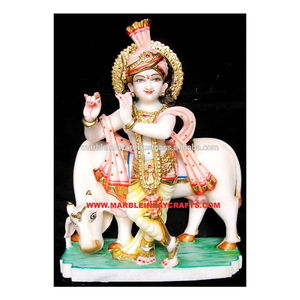 God Marble Krishna Statue With Cow - Product Image 1