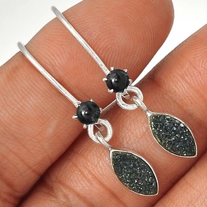 Hermosa Plata de Ley 925 forma de marquesa negro Druzy piedras preciosas pendientes colgantes joyería para mujeres hermosas - Product Image 1