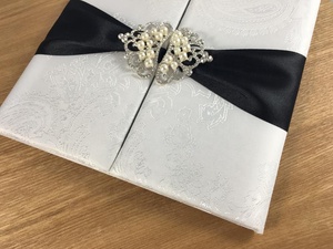 Embellished Blush Pink and Off-White Quinceanera Brocade Silk Invitation Set With Cards & Pearl <b>Crown</b> Brooches - Product Image 5