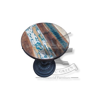 Mesa de café redonda con tapa de madera recuperada industrial con ajuste de altura de metal para comedor y sala de estar para restaurantes - Product Image 4