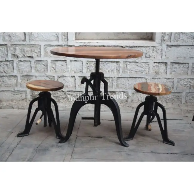 Table à manger industrielle en bois d'acacia, avec socle réglable, avec tabouret, en fonte