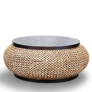 Ensemble de table basse ronde moderne Havana en bois d'acajou et en osier de jacinthe d'eau pour la maison, salon, meubles - Product Image 1