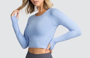 Top corto para mujer, ropa deportiva de manga larga, ropa de gimnasio elegante, ropa de entrenamiento transpirable con lazo en la espalda, estilo informal - Product Image 6